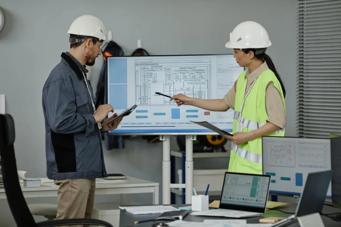 Equipo de CEMAN revisando planos de ruta en la oficina de obra