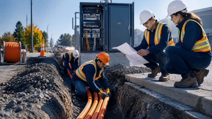 Cuadrilla instalando conductos de fibra óptica en zanja